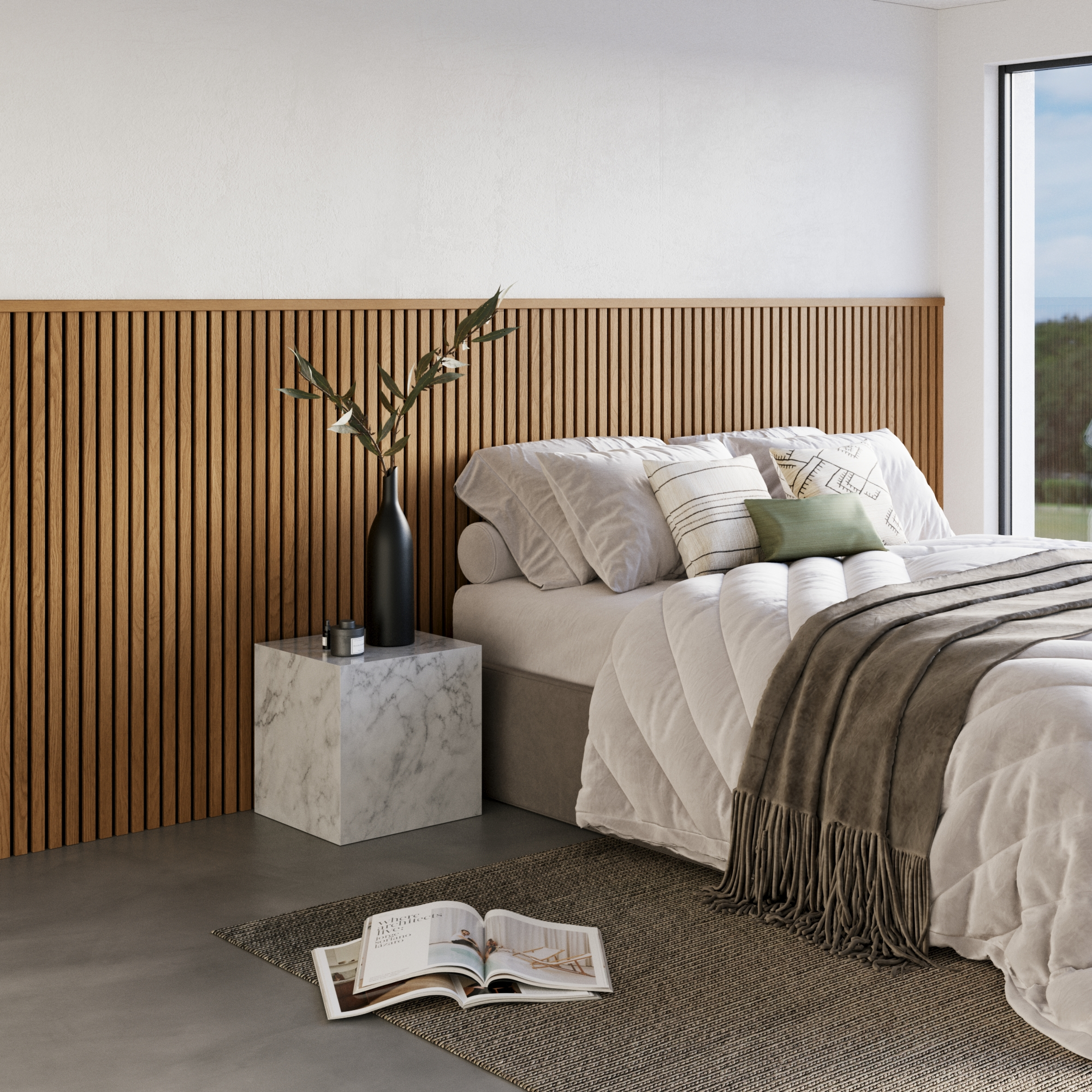 Natural Oak (Lacquered) on Black panel with Finishing Slat used as a bedroom headboard.